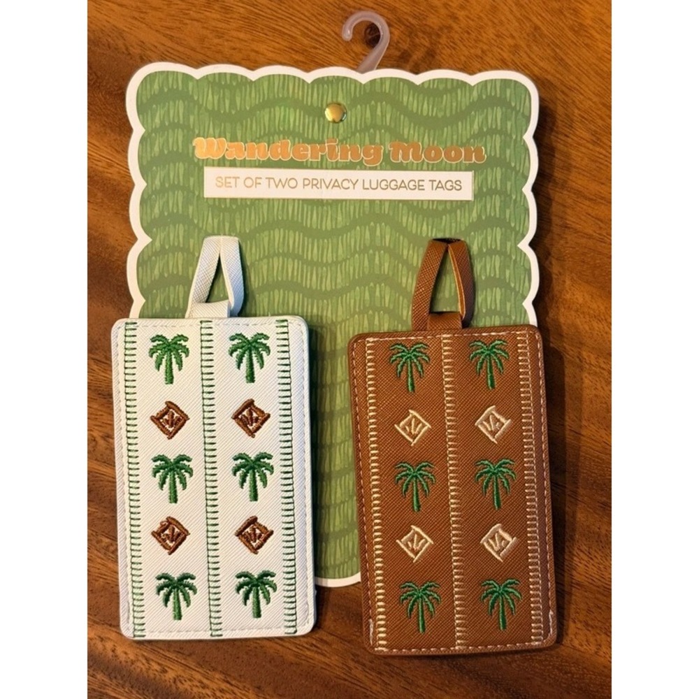 Wandering Moon Set of 2 Privacy Luggage Tags Palm Tree Embroidered White Brown